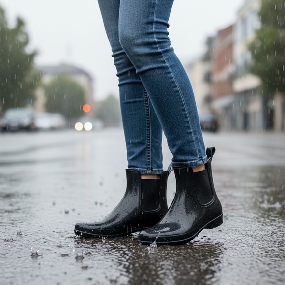 J.Crew Matte Black Chelsea Rain Boots Ankle Pull-On Rubber Booties Size 7 - Picture 3 of 11